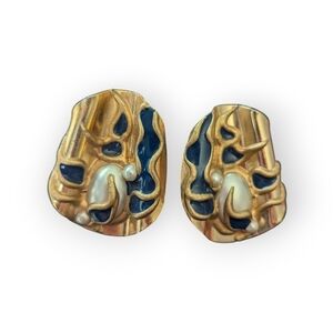 80s Vintage Big Earrings Goldtone Faux Pearl Enamel